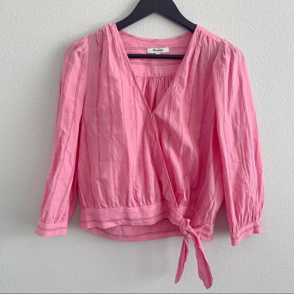 Madewell Cecelia Striped Pink Faux Wrap Top Tie Front Vneck